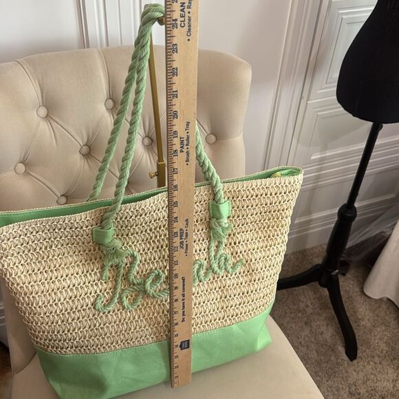 Green and Tan Raffia and Canvas Beach Tote - Picture 8 of 10